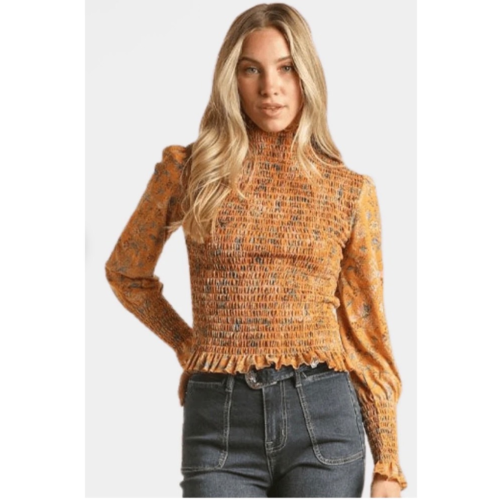 Rock & Roll Denim Smocked Floral Mock Neck Top Boho Western Prairie Cottagecore
